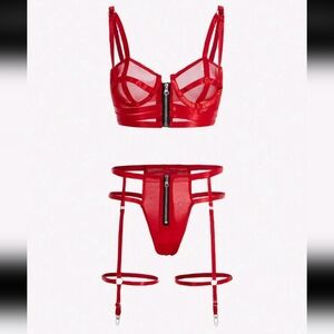 Red Mesh & Straps Zippered Front 2pc Lingerie Set With Garters (S)